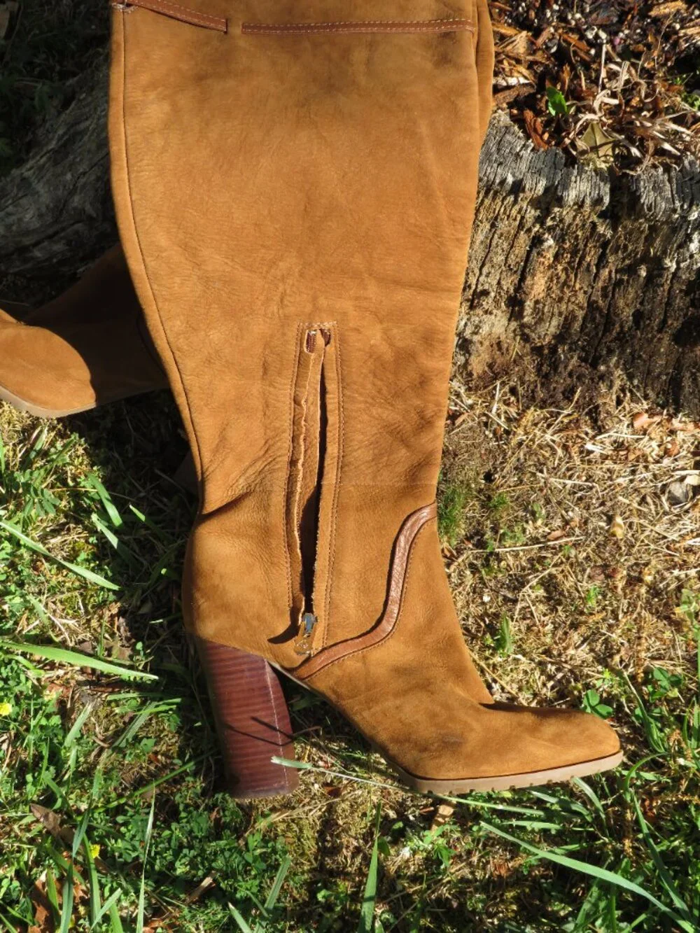 Antonio Melani Tan Suede Leather Tall Boots 10M – Stacked Heel, Buckle Detail,